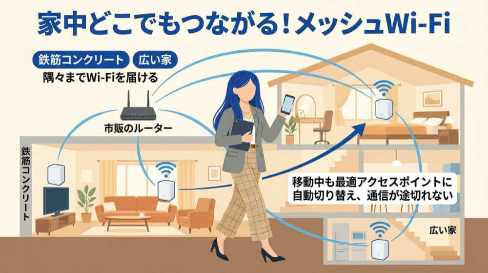 光BBユニットと市販ルーターをつなぐメリット：メッシュWi-Fiで家中の電波を強化できる